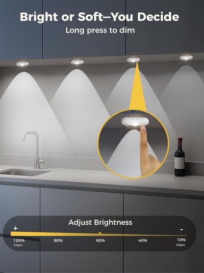 LED Motion Sensor Puck Lights, Under Cabinet Lighting, Indoor Rechargeable Wireless Cabinet Light, Dimmable Magnetic Stick-On Night Lights for Closet, Kitchen, Stairs, 6000K Daylight White 6-Pack