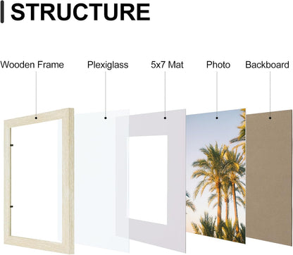 Vittanly 8x10 Picture Frames Set of 9, Shatter Resistant Plexiglass, Display 5x7 Pictures with Mat or 8x10 without Mat, Photo Frames for Wall or Tabletop, Engineered Wood, Cornsilk