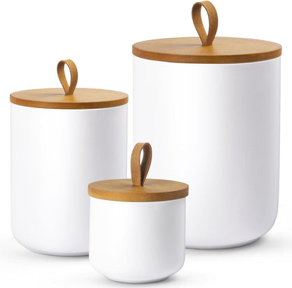Ceramic Canisters Sets for Kitchen, Airtight Canister with Bamboo Lid, Ceramic Coffee Canister Kitchen Canisters for Countertop, Flour and Sugar Containers for Food Storage Jars, White, Set of 3