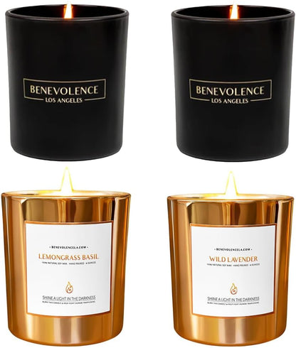 Benevolence LA Scented Candle Gift Set ??4-Pack Soy Candles with Wood Wicks ??Rose & Sandalwood, Wild Lavender, Eucalyptus & Chamomile, Lemongrass & Basil ??8oz Each ??Aromatherapy & Home Fragrance