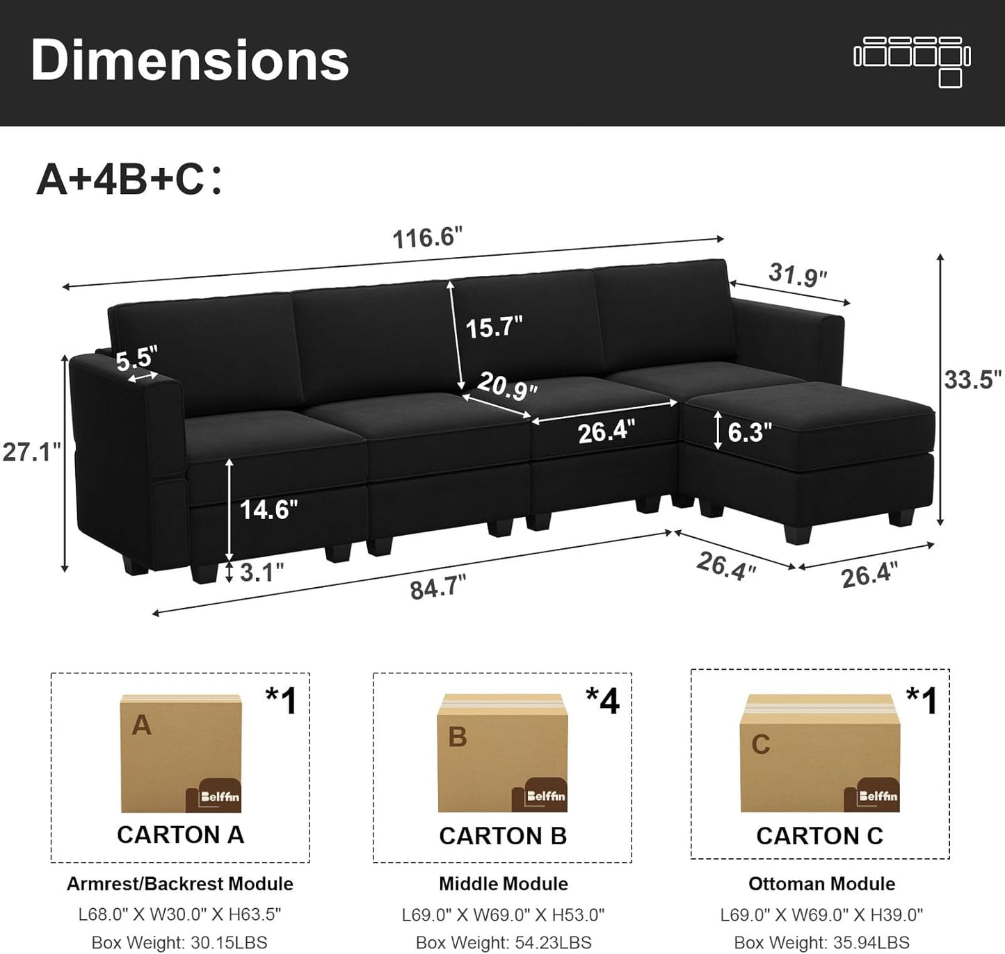 Belffin Modular Sectional Sofa Couch with Reversible Chaise Velvet L Shaped Couch Sofa with Storage 4-seat Convertible Sectional Sofas Black