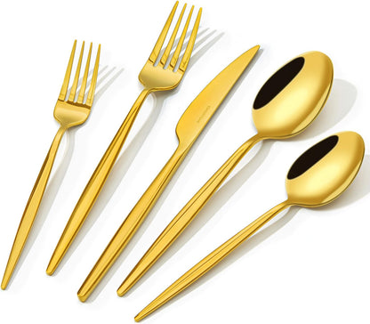 KINGSTONE Silverware Set, 60-Piece Flatware Set Cutlery Set Premium 18/10 Stainless Steel, Tableware Include Forks Knives Spoons for Home Kitchen Restaurant Wedding, Dishwasher Safe,Gold