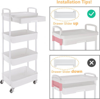 Calmootey 4-Tier Rolling Utility Cart with Drawer,Multifunctional Storage Organizer with Plastic Shelf & Metal Wheel,Storage Cart for Kitchen,Bathroom,Living Room,Office,White