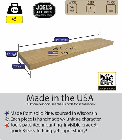 joelsantiques 54 Inch Wooden Floating Shelves for Wall - 54x8x2 in - Made of Natural Wood - Long Heavy Duty Rustic Wall Shelves for Bedroom - Perfect for Living Room, Kitchen - Natural