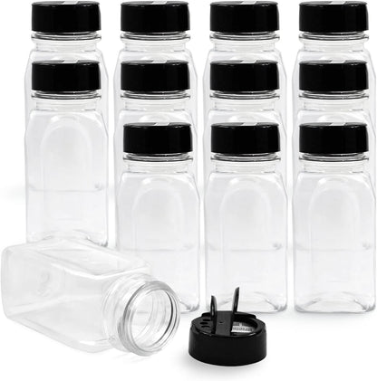 RoyalHouse 12 Pack 9.5 Oz Plastic Spice Jars with Black Cap, Clear and Safe Plastic Bottle Containers with Shaker Lids for Storing Spice, Herbs and Seasoning Powders, BPA Free, Made in USA