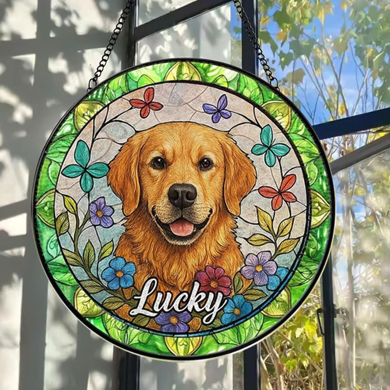 Custom Dog Suncatcher with Pet Name, Personalized Stained Glass Window Hanging Art, Unique Memorial Gift for Dog Lovers, Pet Remembrance Keepsake, Decorative Home Window Ornament