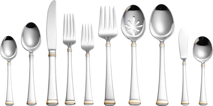 Mikasa Gold Accent Harmony Flatware Set for 12, 65 Piece 18/10 Stainless Steel Silverware with Gold-Trimmed Handles and Serving Utensils, Elegant Dinnerware Service