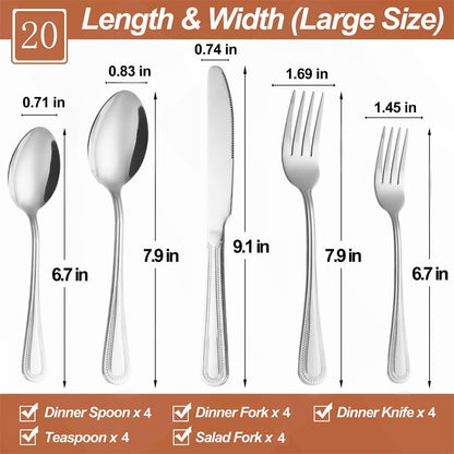 20 Pcs Silverware Set for 4 with Pearled Edge Handle design, Food Grade Stainless Steel Flatware Set, Eating Utensils Sets Include Fork/Knife/Spoon, Reusable Cutlery Set, Dishwasher Safe