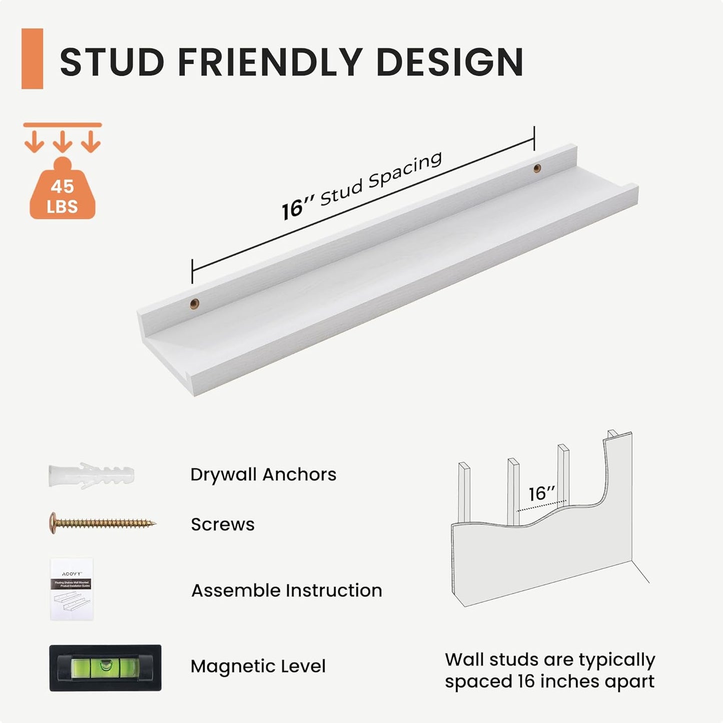 Solid Ash Wood Picture Ledge Shelf, 24 Inch Floating Shelves with Lip Set of 2, Photo Ledge Shelf Nursery Bookshelf Wall Mounted for Living Room Bedroom Decor, White