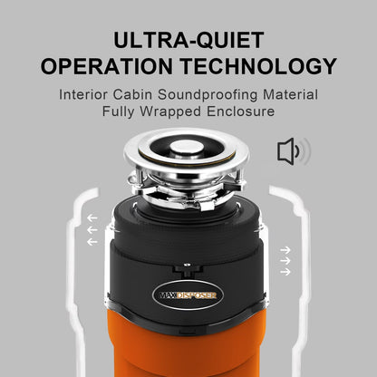 Garbage Disposal 1 HP Ultra Quiet Intelligent Auto-Reverse Function Continuous Feed Food Waste Disposer with Power Cord Easy install, AC Motor Stainless Steel Grind 1 Horsepower (MAX-6)