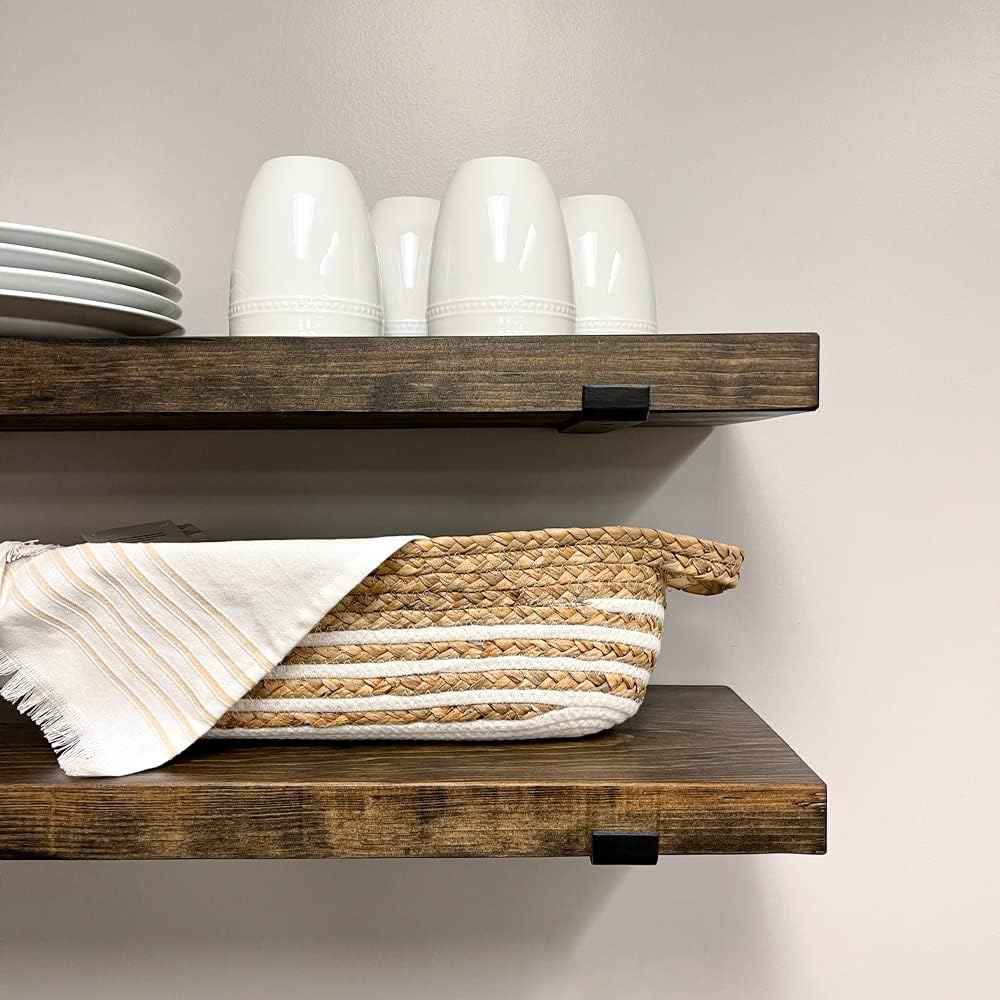 Rustic Shelves with J-Brackets Set of 2, Industrial Shelf, Kitchen Shelves, Solid Wood, Decorative Wall Storage, Heavy Duty, URBANDI (Dark Brown, 24Wx6D)