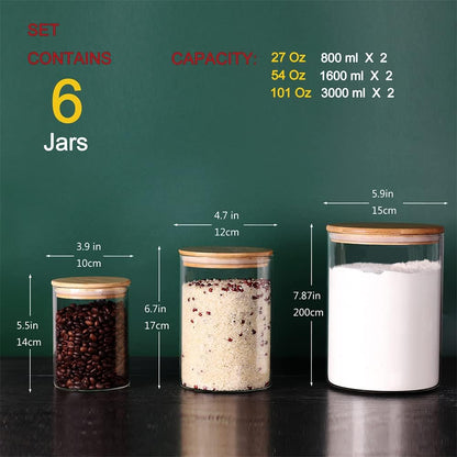 Glass flour Jars with Airtight Lids, 6 Pack Sugar and Flour Salt Containers Set, Extra Large Glass Rice Jar with Bamboo lid for Kitchen, Brown Suger, Beans, Groub Coffee (100OZ/54OZ/27OZ)