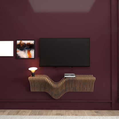 Parametrics 40 inch Floating Shelf TV Unit Modern Geometric Wooden Wall Piece Decor Natural Oak Color 3D Wavy Living and Gaming Room Shelf