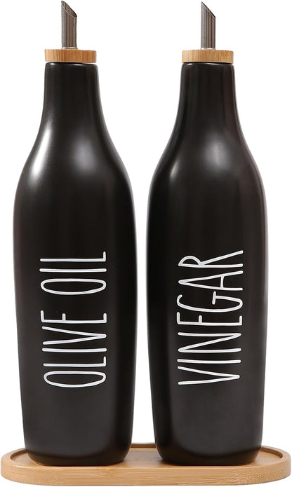 HOMCDALY Olive Oil and Vinegar Dispenser Set, Ceramic Oil and Vinegar Bottles with Bamboo Tray, 16.9oz Kitchen Cruet - Set of 2 - Black