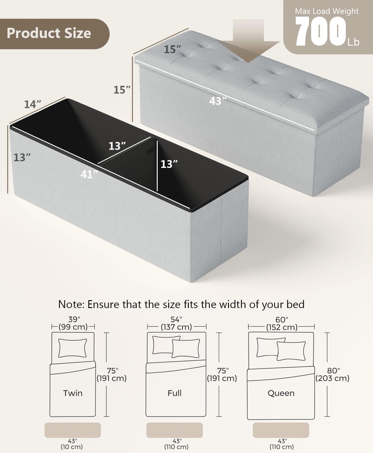 Storage Ottoman Bench, Folding Ottoman Foot Rest, End of Bed Bench,Storage Chest, for Living Room, Bedroom, Hallway, Entryway, Holds up to 700 lb (Light GREY1, 43")