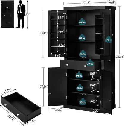 usikey 72” Kitchen Pantry Cabinet, Tall Storage Cabinet with 4 Doors and 1 Drawer, Freestanding Cupboard with 6 Hanging Shelves and Adjustable Shelves for Kitchen, Dining Room,Living Room, Black