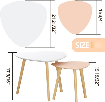 BAMEOS Bamboo Nesting Triangle End Table,Set of 2 Coffee Table Modern Minimalist Side Table for Living Room (White & Pink)