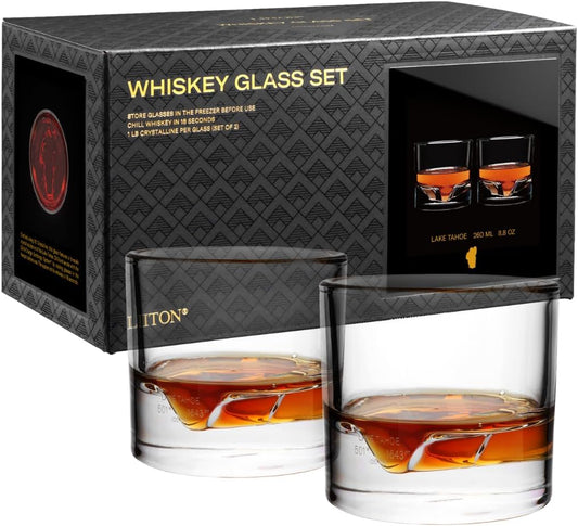 Lake Tahoe Heavy Crystal Whiskey Glasses Gift Set of 2, Thick Freezable Bourbon Glass 1lb Each