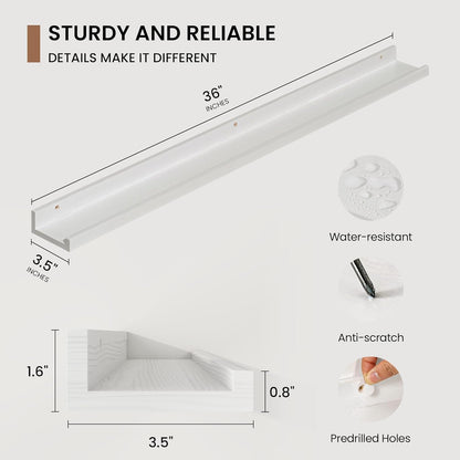 Picture Ledge Shelf, Solid Pine Wood Floating Shelves Set of 2, 36 Inches Nursery Book Shelves for Toys Storage, Kids Bookshelf Wall Mounted for Living Room Bedroom Decor Books Photo Frames, White