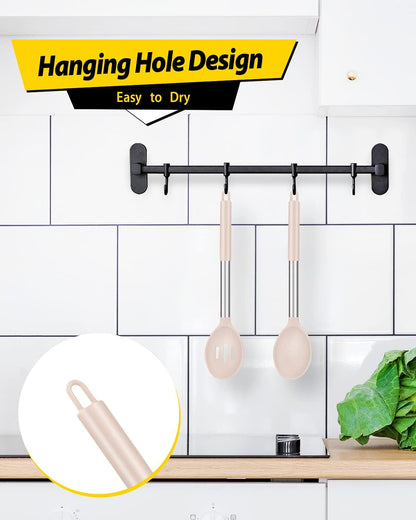 Pack of 2 Large Silicone Cooking Spoons,Non Stick Solid Basting Spoon,Heat-Resistant Kitchen Utensils for Mixing,Serving,Draining,Stirring (STAINLESS STEEL KHAKI)