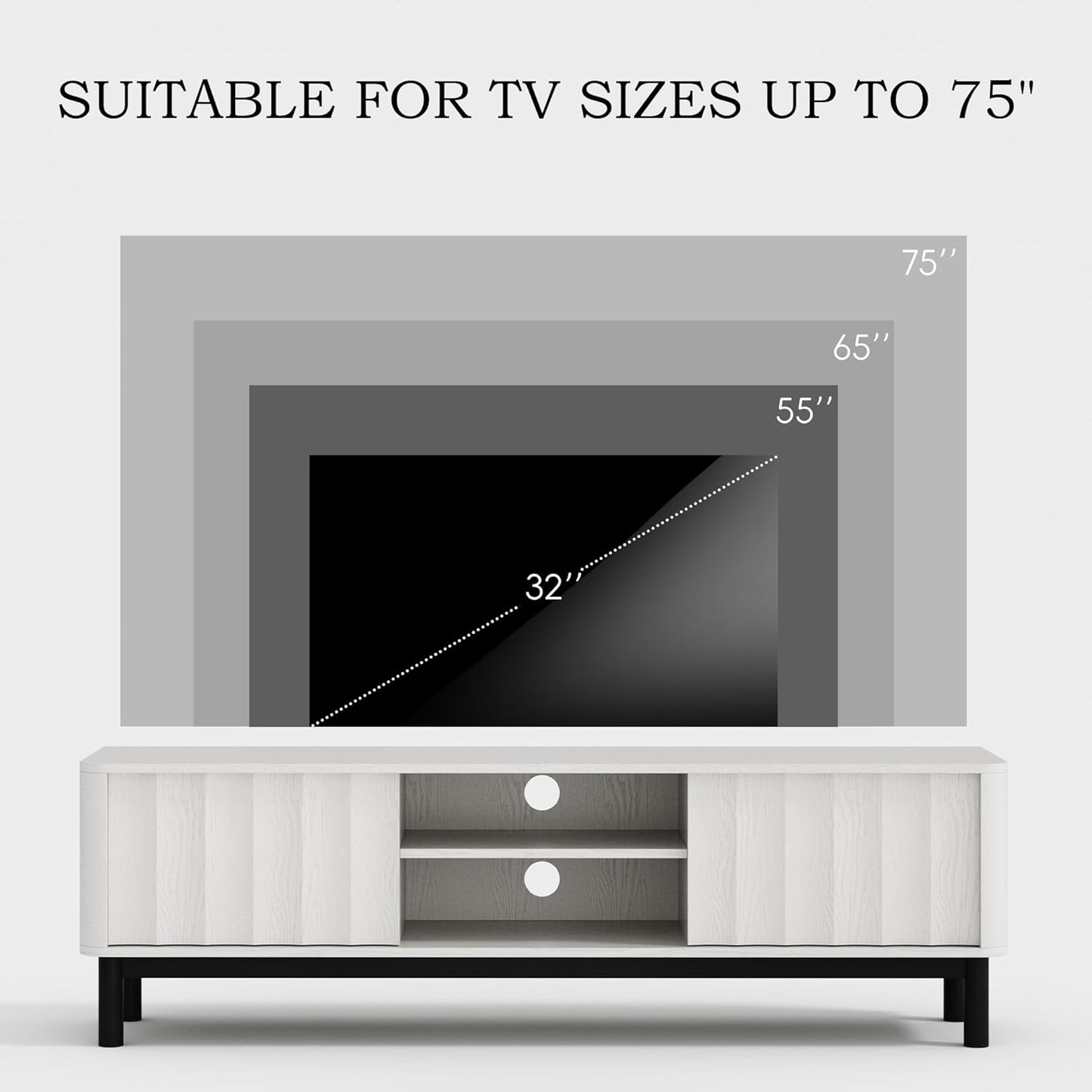 White Mid Century Modern TV Stand, Wood Fluted Living Room TV Stands with Storage Sliding Doors, Desert-Inspired Design MCM Entertainment Center for 55 60 65 70 75 55+ 60+ 65+ 70+ Inch