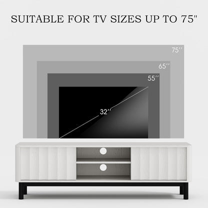 White Mid Century Modern TV Stand, Wood Fluted Living Room TV Stands with Storage Sliding Doors, Desert-Inspired Design MCM Entertainment Center for 55 60 65 70 75 55+ 60+ 65+ 70+ Inch