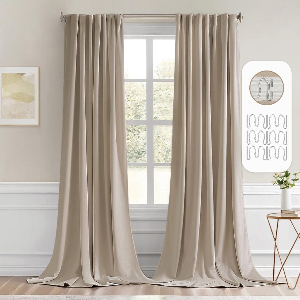 MIULEE Taupe Back Tab Blackout Curtains 108 Inch Long 2 Panels Set for Bedroom, Rod Pocket/Pinch Pleat Extra Long Thermal Insulated Living Room Darkening Pleated Light Blocking Drapes