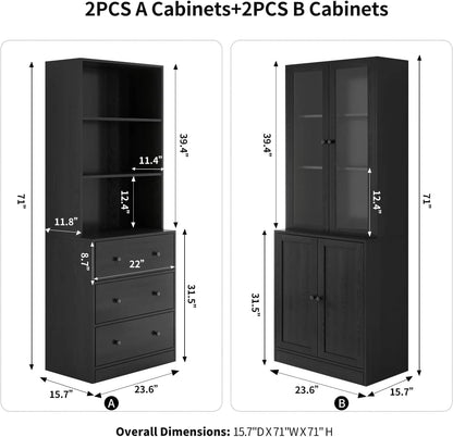 TUSY 71" Bookshelf Bookcase, 3-Tier Modern Bookshelves 3 Large Drawer, Wood Filing Cabinet with Open Storage Shelf, Glass Doors 5-Tier Fixed Storage Shelves for Home Office (Black)