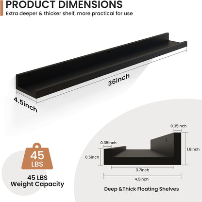 Fun Memories Picture Ledge Shelves Set of 2, 36 Inch Rustic Wall Mounted Floating Shelves with Lip for Home Storage and Décor in Bathroom, Kitchen, Nursery, Bedroom, Living Room, Black