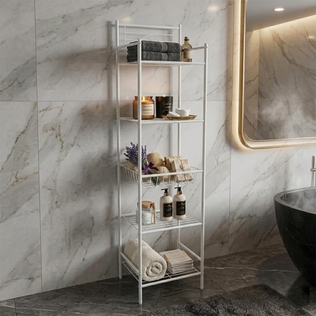 Bath Bliss 5 Tier Freestanding Bathroom Storage Shelf, White Metal Organizer Rack | Rust Resistant