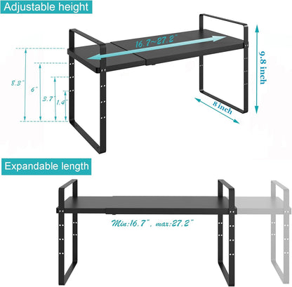 iPEGTOP 2 Pack Expandable Cabinet Storage Shelf Organizer Rack, Heavy Duty Steel Metal Spice Rack Adjustable Height Office Garage Pantry Shelf Space Riser for Counter Kitchen Organization, Black