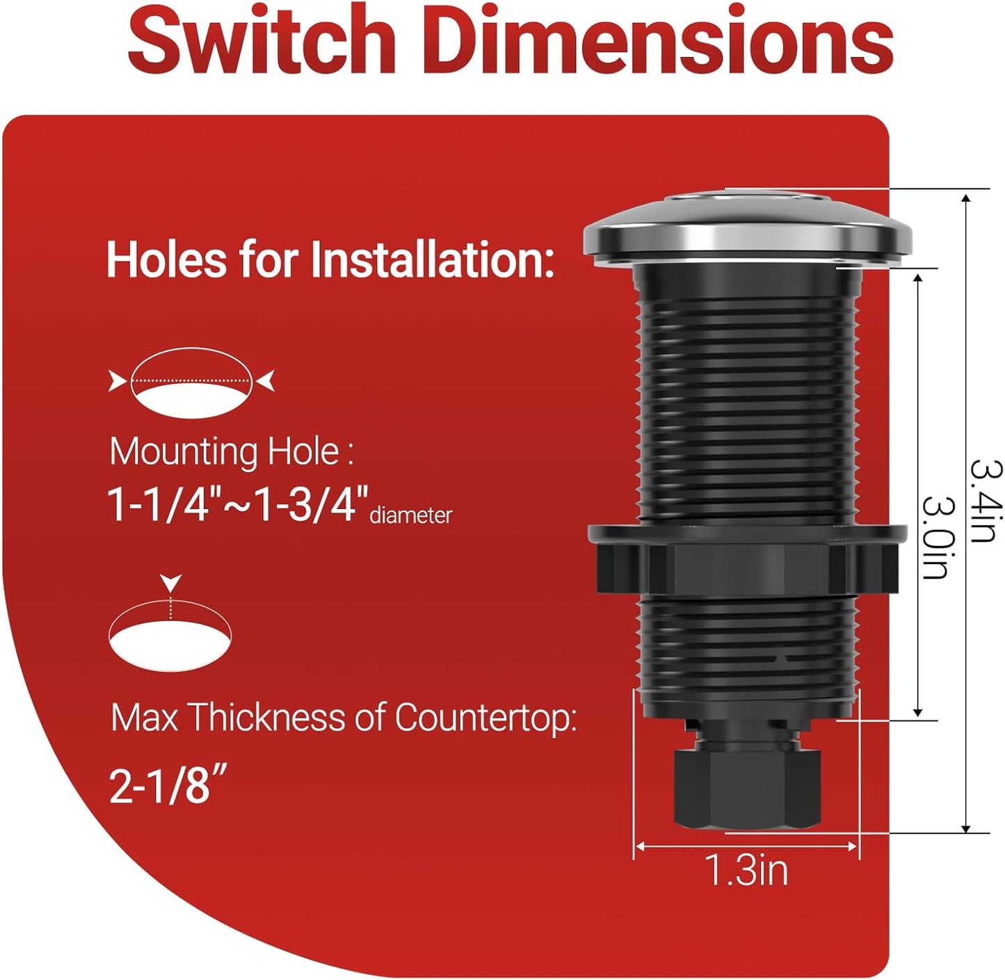 APIELE Garbage Disposal Air Switch Kit, Sink Top Push Button Switch for Food Waste Disposer, UL Listed 3.6" Long On/Off Air Button (Glossy Stainless Steel)