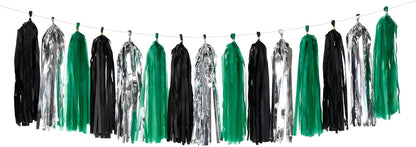 Black Green Silver Tassel Garland - 15pcs Soccer Party Supplies Tassels Graduation Backdrop Decorations Men Boys Birthday Spring Summer Jungle Theme Banner