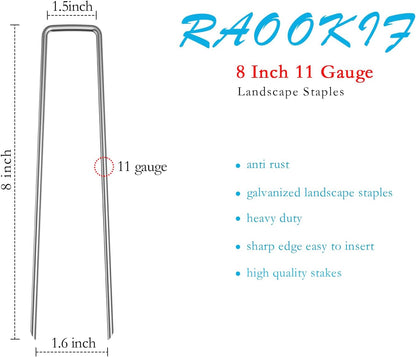 RAOOKIF 8 Inch Galvanized Garden Landscape Staples Stakes, 20/50/100/200Pcs Garden Metal Stakes, 11 Gauge Heavy Duty Ground Stakes for Decoration, Fence Stakes Lawn Stake, Fabric Pins (50, 8 Inch)