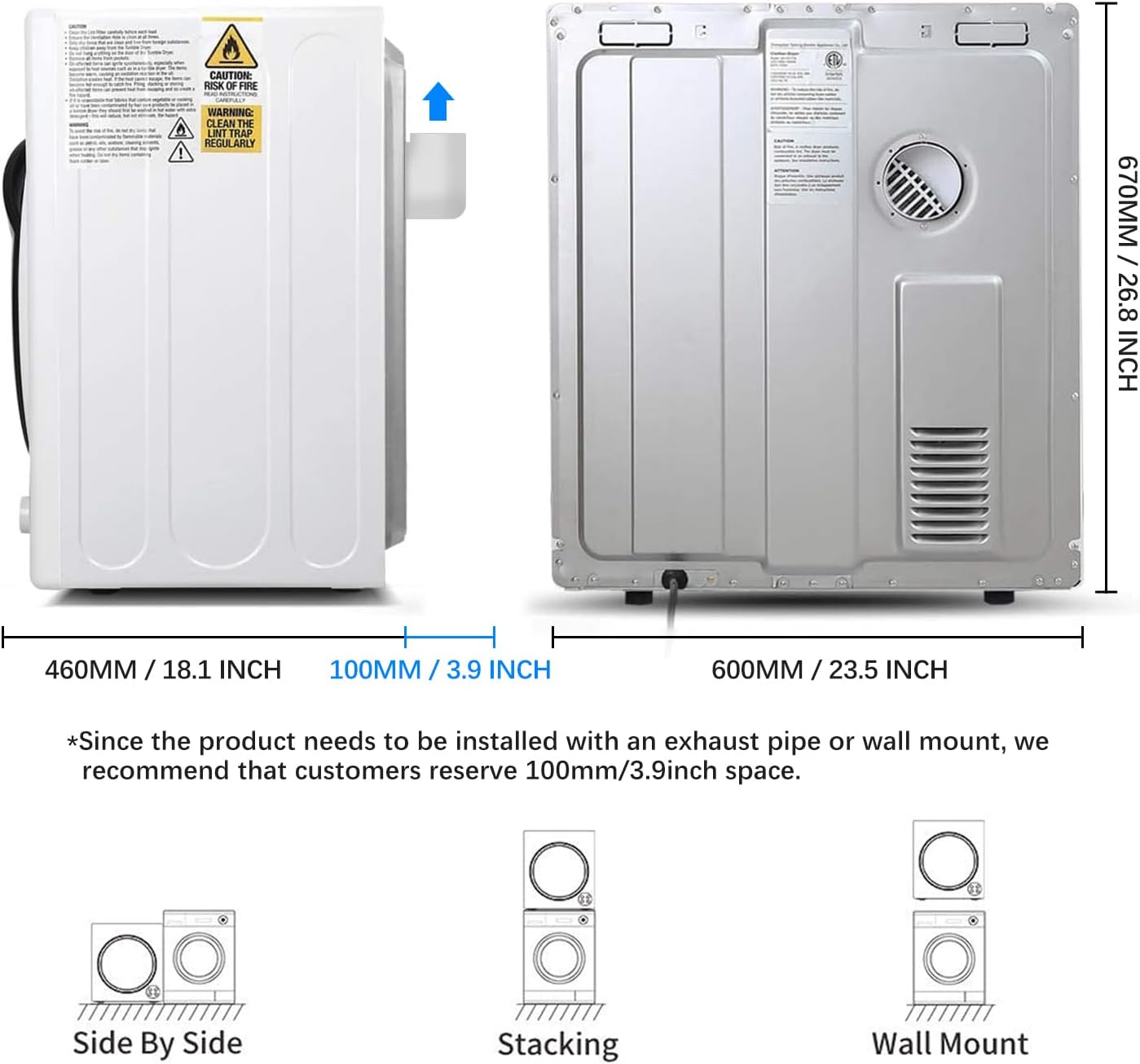 CTT 3.5 Cu. Ft. Clothes Dryer, 1500W Electric Dryers for Clothes, 110V Electric Clothes Dryer with Stainless Steel Drumble for 13.2 lbs. with 4 Automatic Drying Modes (White)
