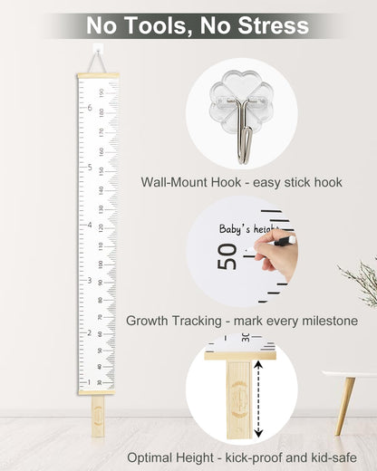 6.5FT Growth Chart for Kids with Wooden Keepsake Box - Children Height Measurement Kit Includes Marker Pen & Wall Hook, Height Tracker Ruler Baby Essentials, Nursery Room Decor Gift for Baby to Teen