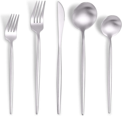 Matte Silverware Set for 8,Modern Stainless Steel Brushed Cutlery Set,40-Pieces Heavy Duty Flatware Set,Knives Spoons and Forks Set Utensils Set, Satin Finish, Dishwasher Safe