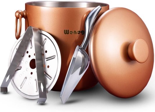 Ice Bucket with Lid, Scoop, Tongs and Strainer - Well Made Insulated Stainless Steel Keep Ice