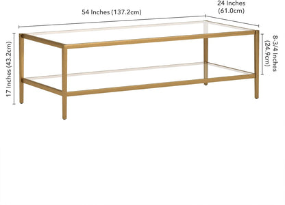 Henn&Hart 54" Wide Rectangular Coffee Table with Glass Shelf in Antique Brass, Modern coffee tables for living room, studio apartment essentials