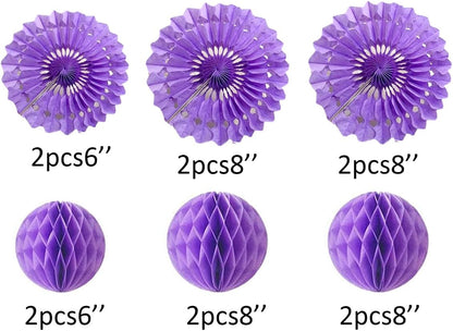12pcs 6’’ 8’’ Honeycomb Balls Tissue Paper Fans Party Honeycomb Ball Fans Wall Tissue Pom Poms Flower Balls Hanging Paper Fans for Party Baby Shower Birthday Wedding Nursery Wall Decor(Purple kit)