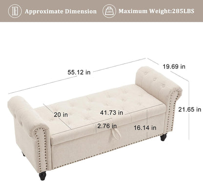 Furniliving 55” End of Bed Bench, Bedroom Bench with Button-Tufted, Large Upholstered Storage Ottoman Entryway Bench with Storage Shoe Cabinet Bench, for Bedroom, Linen, Camel