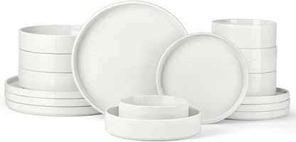 Stoneware Dinnerware Sets for 4 with Pasta Bowl, Onader 16 Piece Plates and Bowls Dish Set, Speckled Kitchen Dishware Dining Ware, Microwave & Dishwasher Safe - Cloud White