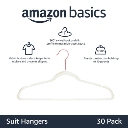 Amazon Basics Slim Velvet Non-Slip Space Saving Suit Clothes Hangers, Closet Organizer, Ivory/Rose