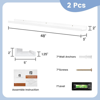 Picture Ledge Shelf for Wall, 48 inch Solid Pine Wood Nursery Book Shelves 2 Packs, Floating Ledge Shelves for Kids' Room Bedroom Bathroom Living Room Photo Frames Office Nursey Wall Decor, White