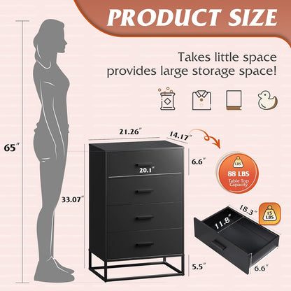 WLIVE Black Dresser for Bedroom with 4 Drawers, Tall Wood Dresser with Sturdy Metal Frame, Wooden Chest of Drawers for Hallway, Living Room, Closet