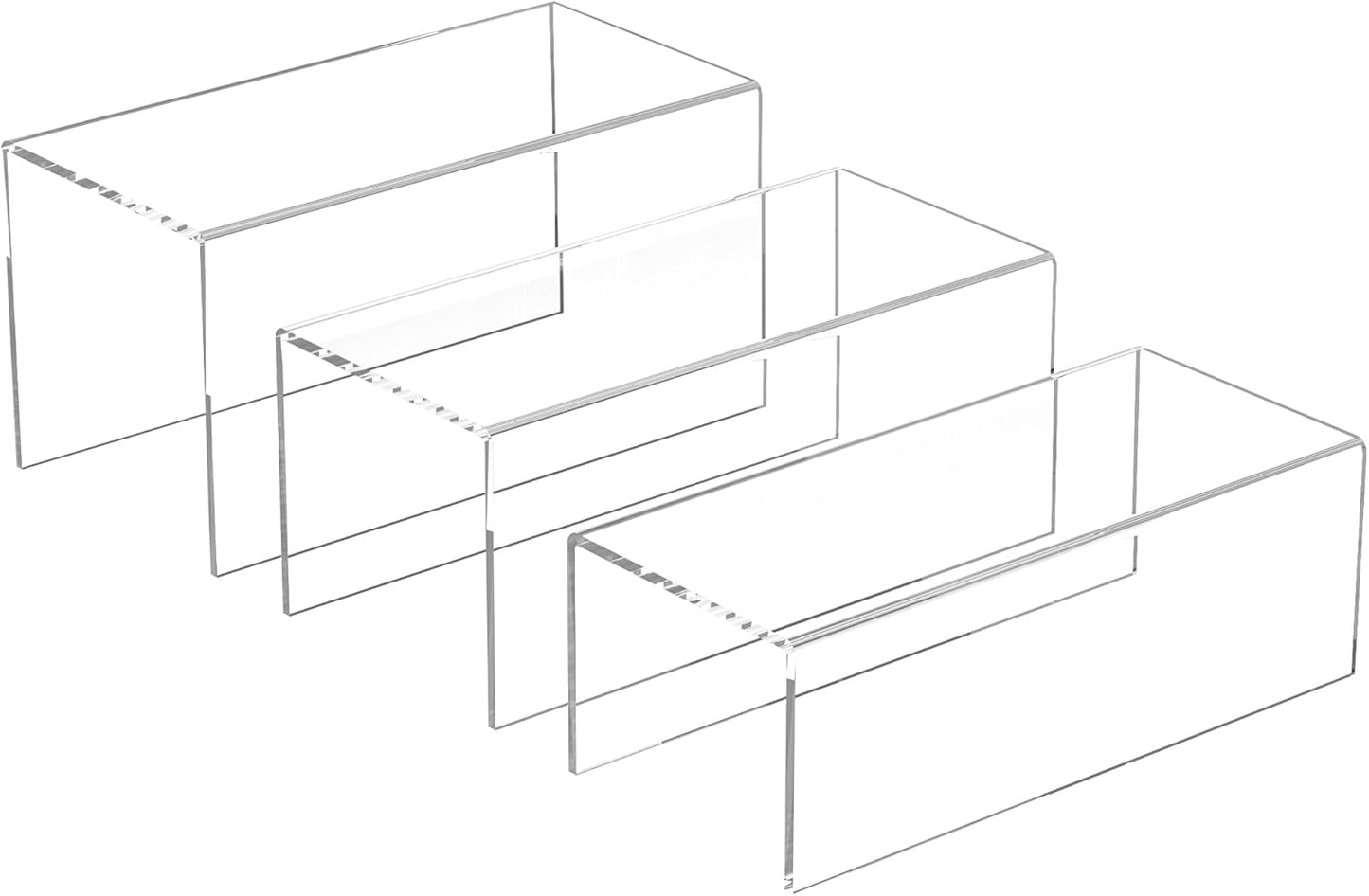Clear Display Risers Shelf 3pcs, Countertop Rectangular Acrylic Display Storage Organizer, Acrylic Stands for Funko Pop Figure, Cosmetics, Bags, Shoes, Toys, Collectibles - 12- 4'', 5'', 6''