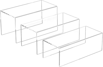 Clear Display Risers Shelf 3pcs, Countertop Rectangular Acrylic Display Storage Organizer, Acrylic Stands for Funko Pop Figure, Cosmetics, Bags, Shoes, Toys, Collectibles - 12- 4'', 5'', 6''