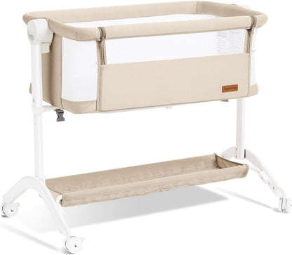 Bassinet Bedside Sleeper - All-Mesh Design, Portable Bedside Bassinet for Baby with Washable Mattress, 5 Adjustable Heights（Beige）