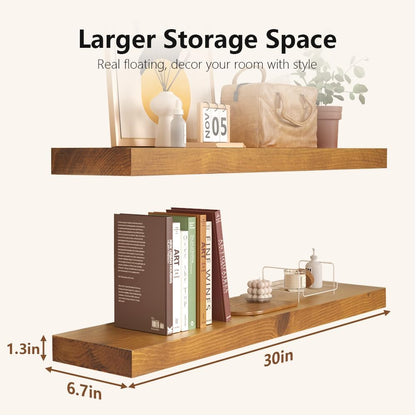Habudda Floating Shelves, Wall Shelf for Bathroom Bedroom Kitchen, Natural Pine Real Wooden Shelves, Wall Mounted, 100% Pine, Set of 2, 30 Inches Long, Honey Oak