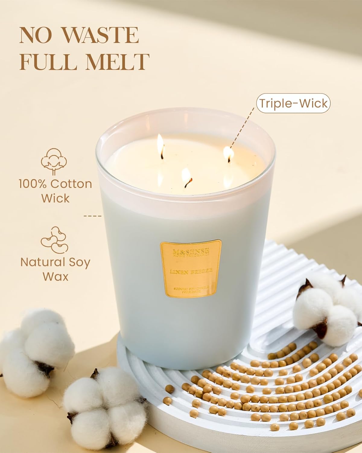 M&SENSE Large Soy Candle Linen Breeze Scented 35oz 150H Burn Time Long Lasting, 3-Wick Natural Aromatherapy Candle, No Toxic Candle Home Fragrance Housewarming Gifts